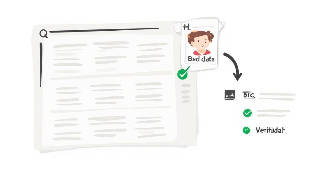 Illustration of a web scraper identifying bad data, followed by verification with green checkmarks, ensuring data quality.