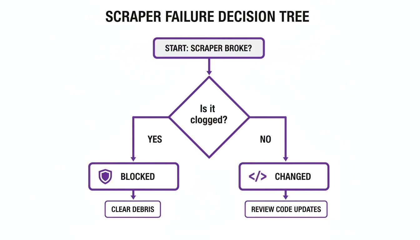 A flowchart decision tree illustrating troubleshooting steps for a broken web scraper, covering clogging and code changes.