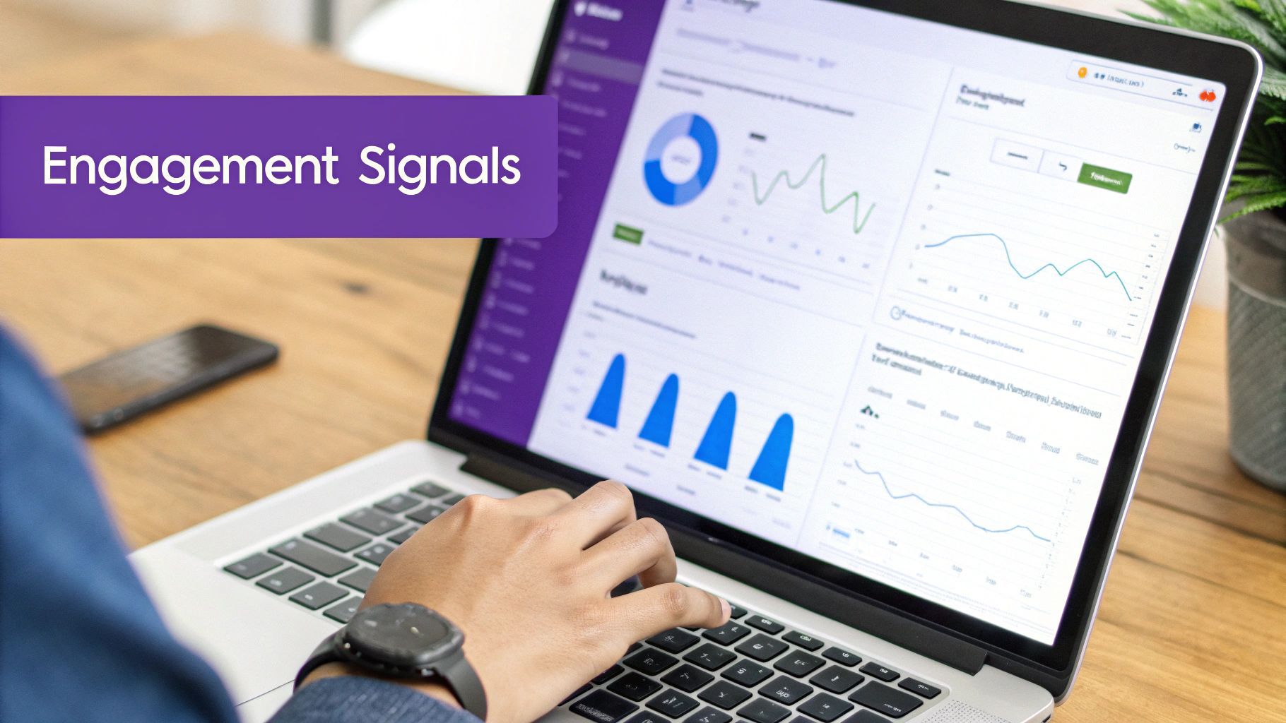 A person works on a laptop displaying engagement signals and data analytics charts.