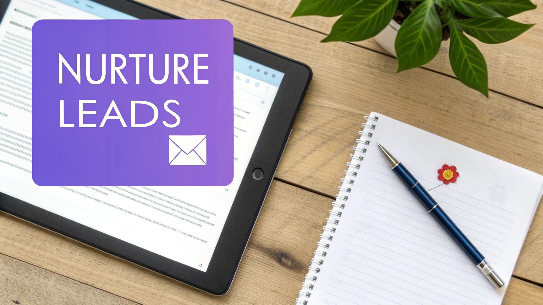 A tablet, notebook, and pen on a wooden desk, overlaid with 'NURTURE LEADS' and an email icon.
