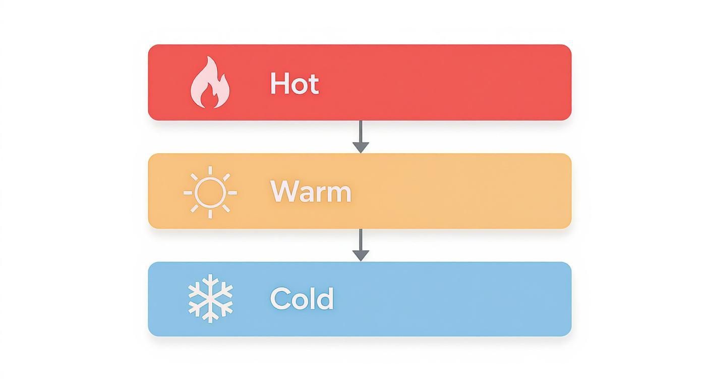 A vertical flow diagram illustrating a progression from hot (flame) to warm (sun) to cold (snowflake).