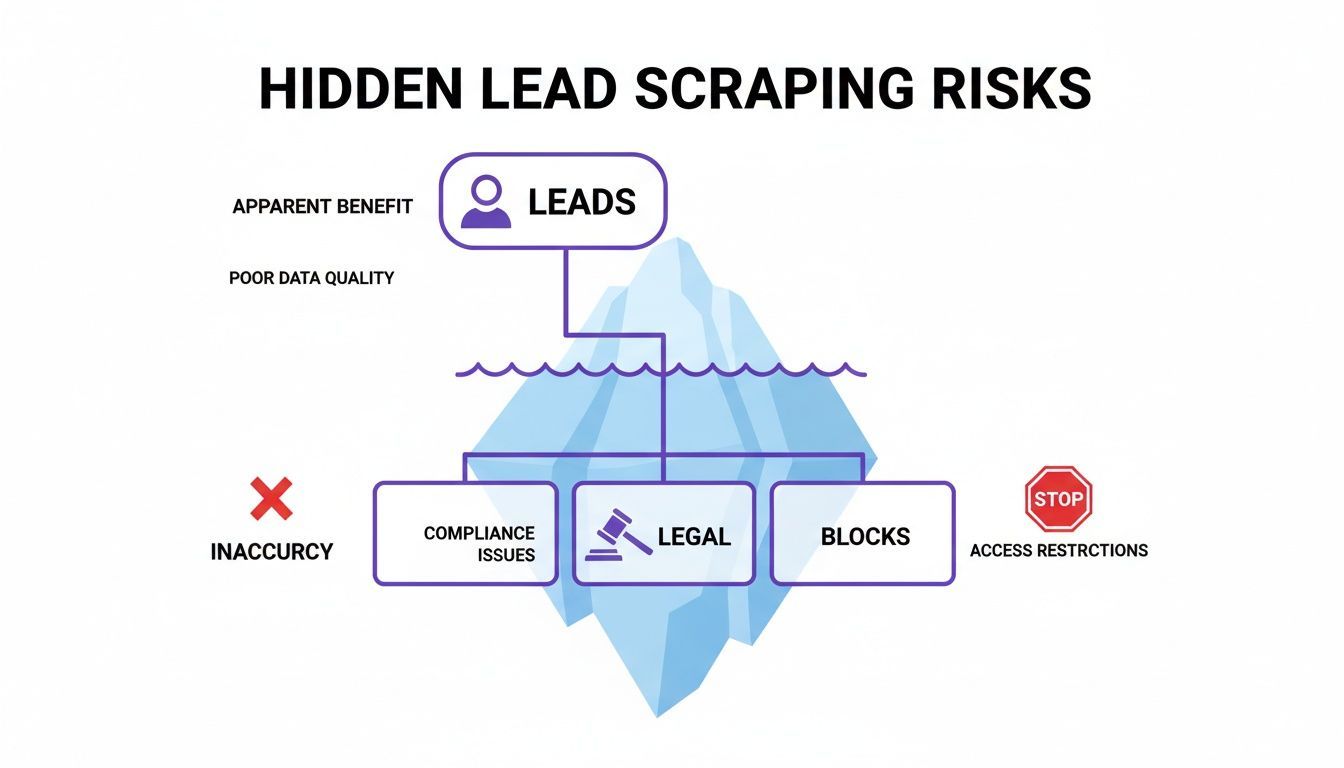 Iceberg infographic illustrating hidden lead scraping risks like poor data quality, legal issues, and access restrictions.