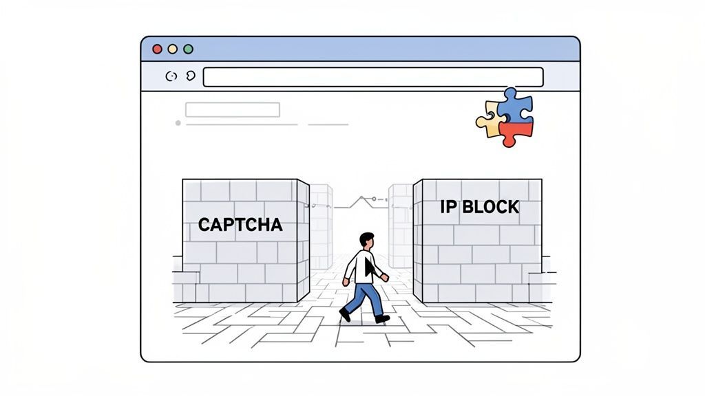 A person navigating a maze inside a web browser, facing walls labeled "CAPTCHA" and "IP BLOCK", with a puzzle piece icon.