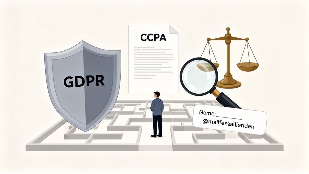 Illustration of a person in a maze, symbolizing navigation of GDPR and CCPA data privacy laws.