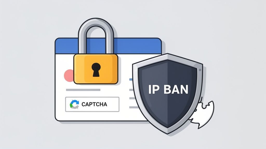 Illustration of a locked webpage with a CAPTCHA and a damaged shield indicating an 'IP BAN'.
