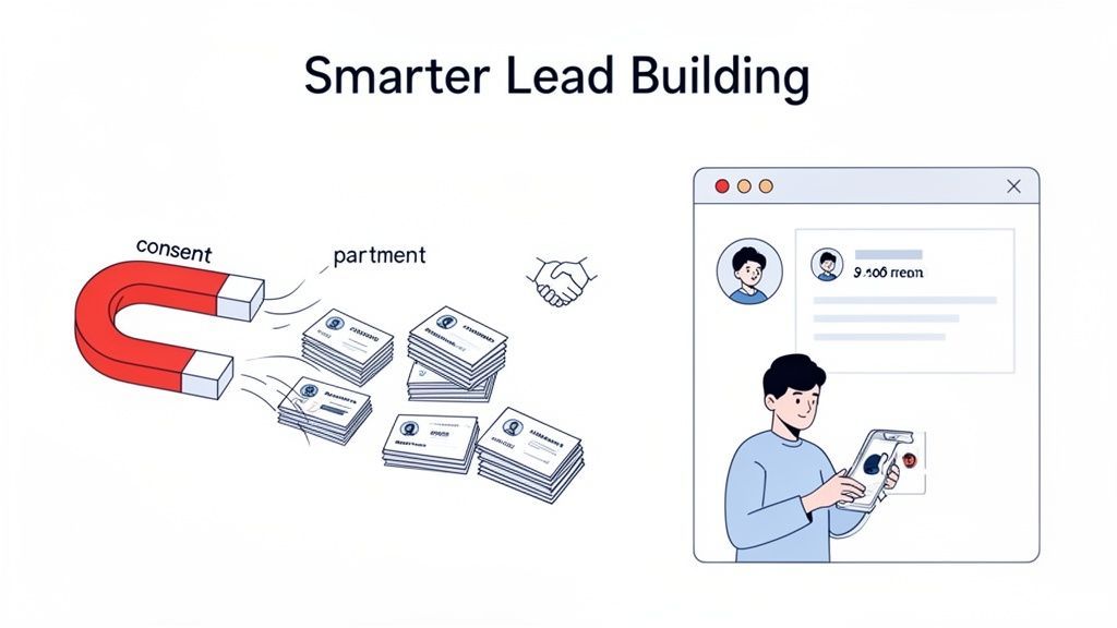 Cartoon illustrating smarter lead building with consent and digital tools for customer acquisition.