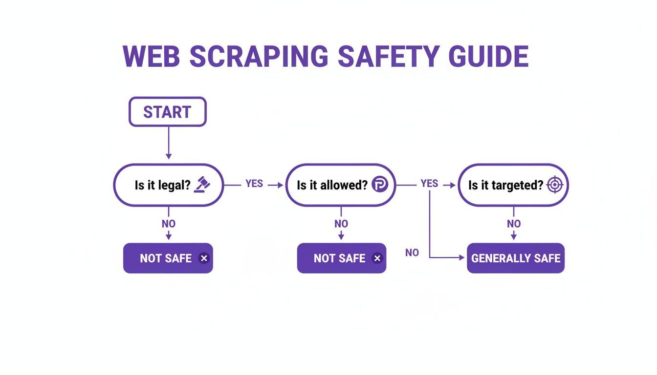 Flowchart titled 'Web Scraping Safety Guide' with steps asking 'Is it legal?', 'Is it allowed?', 'Is it targeted?'.