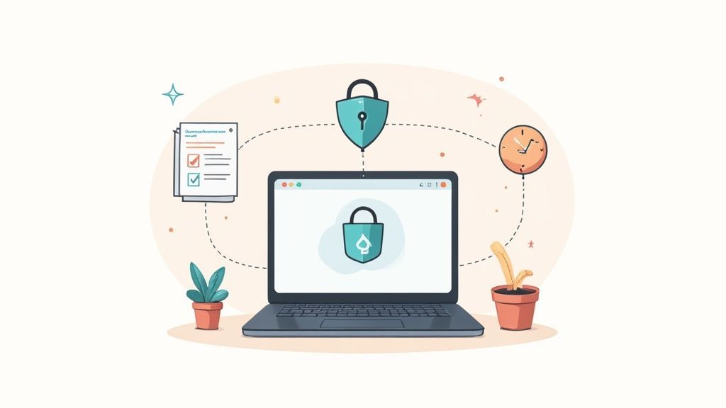 Illustration of secure data management with a laptop, padlock icons, documents, and a clock.