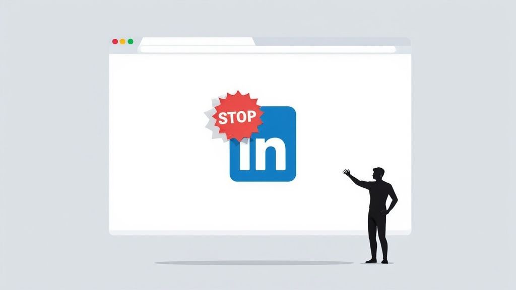 A silhouette of a person gesturing towards a browser window with a 'STOP' sign on the LinkedIn logo.
