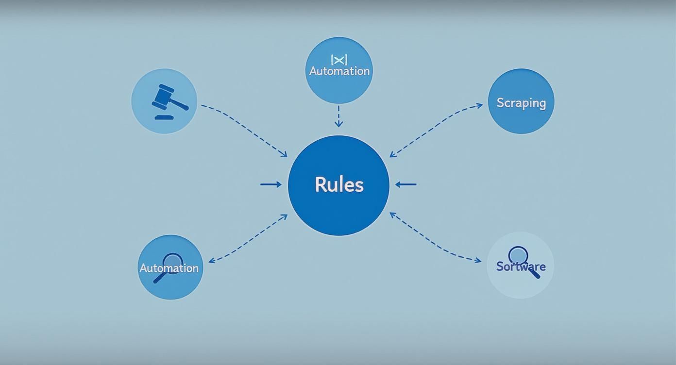 A blue diagram showing 'Rules' at the center, connected to Automation, Scraping, Software, and legal gavel icons.