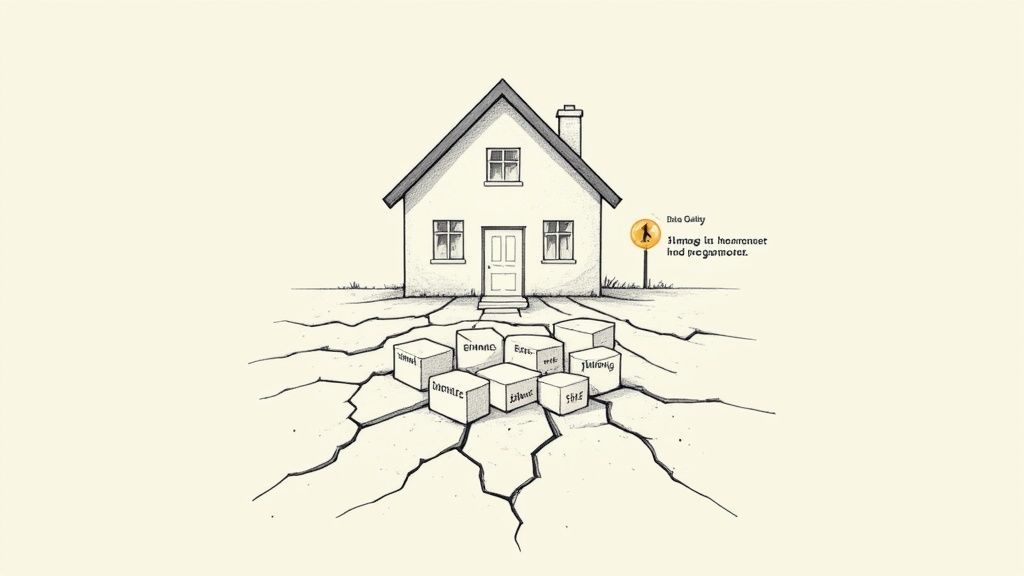 A house on cracked ground, with data cubes emerging, symbolizing the failure of lead enrichment.