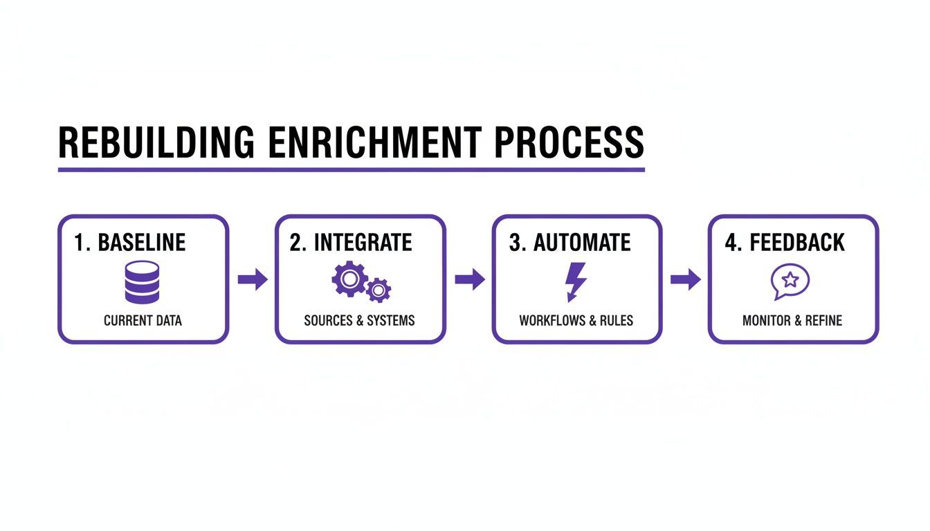 A four-step diagram illustrating the rebuilding enrichment process: Baseline, Integrate, Automate, and Feedback.