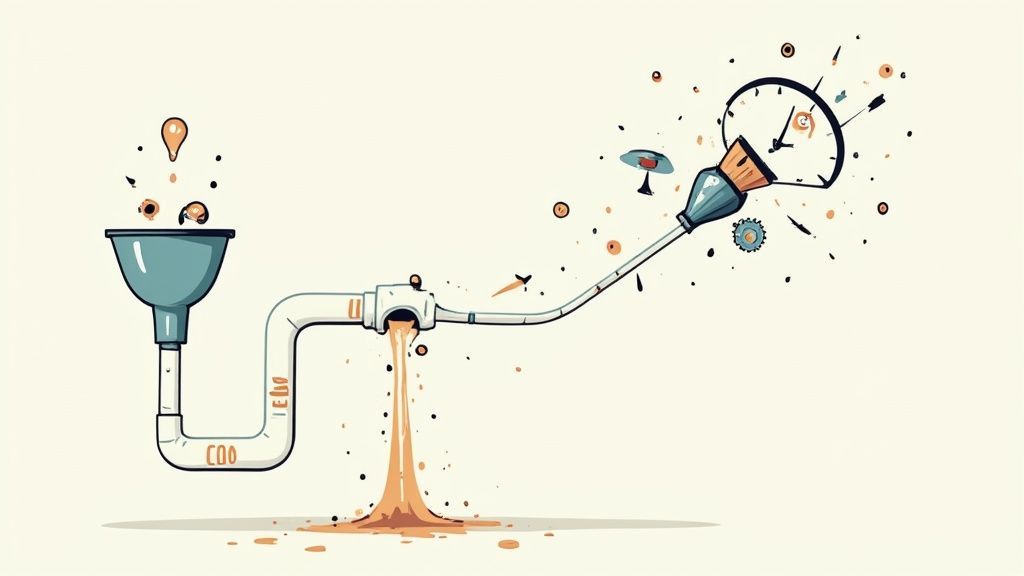 A whimsical illustration of a funnel and pipe system processing liquid into a stream linked to a clock.